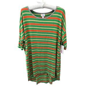 LULAROE Irma Green Orange Stripe Tunic Top High Low Stretch Tee NWT | Medium